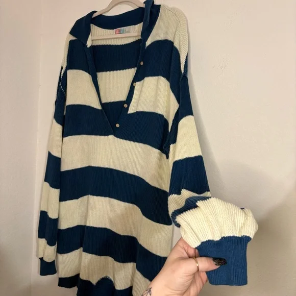 Free People Beach Knit Picnic Stripe Sweater Romper In Sailers Blue Combo medium - Picture 3 of 15